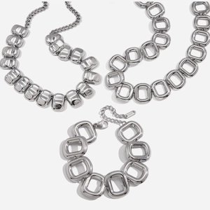 Set di Gioielli in Acciaio Inossidabile Argento Stile Europeo Americano Per Donna Set Collana e Bracciale a Maglie Rettangolari Arrotondate Impermeabile Ipoallergenico Accessori Moda Nicchia