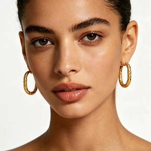 Close-up of elegant gold oval hoop earrings with irregular hammered texture on model