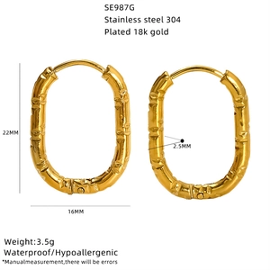 Detailed view of textured oval hoop earrings in 18k gold plated stainless steel