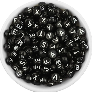 Flat round black acrylic letter beads with gold letters for DIY jewelry making