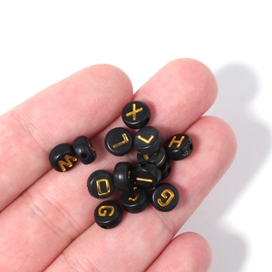 Flat round black acrylic letter beads with gold initials for DIY jewelry bracelets