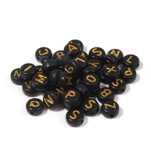 Flat round black acrylic letter beads with gold letters for DIY jewelry making