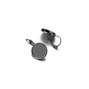 Macro view of black lever-back French ear wire hooks with flat round cabochon base trays
