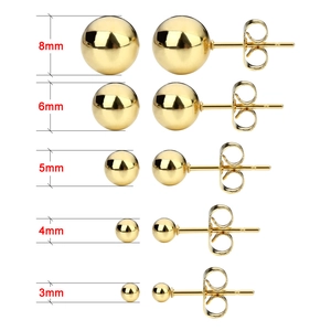 Orecchini a sfera in acciaio inossidabile dorato, set di dimensioni da 3mm a 8mm