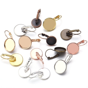 DIY jewelry earring hook base with round bezel tray in various metallic finish colors