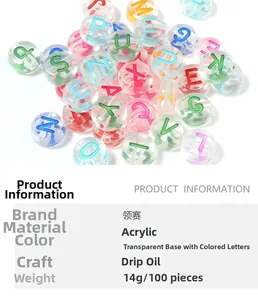 Macro detail of transparent acrylic alphabet beads with colorful lettering for DIY crafts