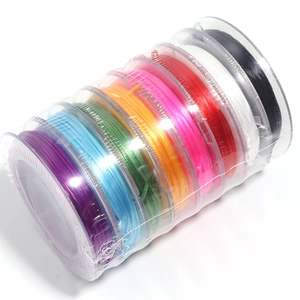 Vue macro de 8 bobines de fils élastiques en cristal coloré pour la création de bijoux