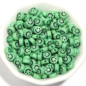 Light green 7mm acrylic flat round smiley face beads for DIY jewelry making