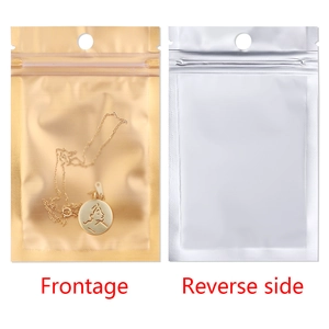 Sachets refermables en aluminium doré et argenté pour bijoux avec trou de suspension et vue