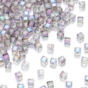 Macro view of iridescent AB crystal cube spacer beads with clear vertical holes for DIY jewelry