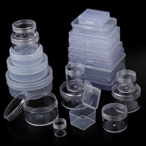 Transparent PP plastic storage box set in various square and round sizes on black background