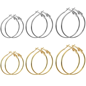 Classic hoop earrings in gold and silver colors, showing three sizes from 20mm to 70mm