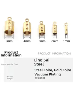 Detailed size chart for stainless steel tube cord ends in gold and silver finishes