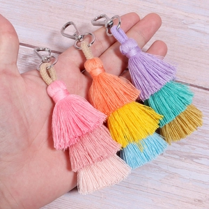 Three-layer cotton tassel charms with silver lobster clasp for bag decoration and DIY