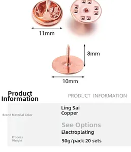 Detalle macro de cierre de mariposa de 11 mm y pin de cobre en oro rosa para bricolaje