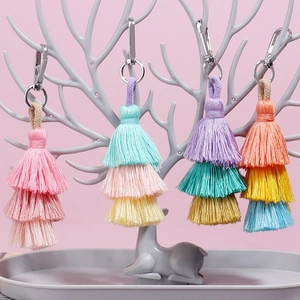 Three-layer cotton tassel pendants with silver lobster clasps for bags and accessories