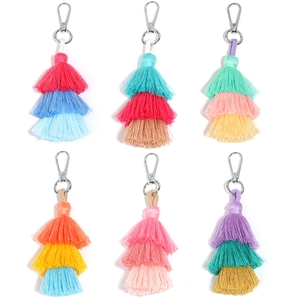 Three-layer cotton tassel charms with metal clasps for bags and DIY accessories