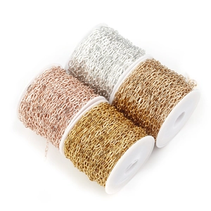 Bulk copper paperclip chains in gold and silver finishes on white spools for DIY jewelry