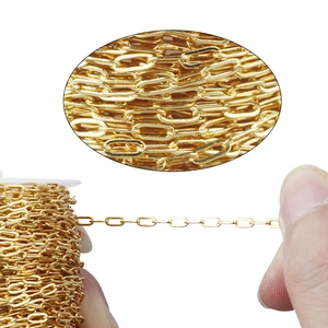 Spool of gold-plated copper paperclip chain for DIY jewelry making with a close-up detail view