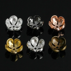 Detailed view of hollow petal flower bead caps in six metallic finishes for DIY jewelry