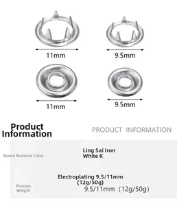 Détail de boutons-pression en fer argenté de 9,5 mm et 11 mm pour couture et loisirs créatifs