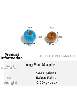 Detail of colorful maple wood beads showing 4mm and 5mm hole sizes and painted finish