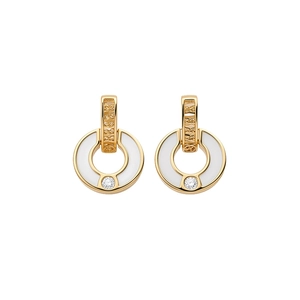 Pendientes redondos de oro con nácar blanco y circonita, estilo elegante.