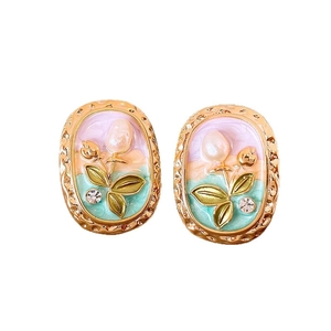 Vintage Monet garden style enamel flower pearl stud earrings for women