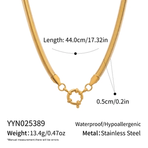 Detail view of 18K gold plated stainless steel snake chain necklace with specifications