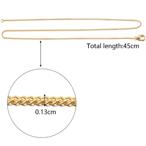 Detail view of 0.13cm thin gold plated chain necklace with 45cm total length and lobster clasp
