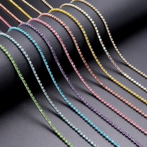 Close-up of colorful four-prong rhinestone tennis chains for DIY jewelry making