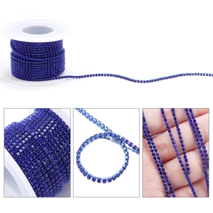 Blue rhinestone cup chain roll with dense round crystals on blue metal base for DIY jewelry