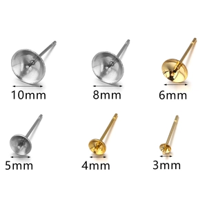 Stainless steel stud earring settings in gold and silver, sizes 3mm to 10mm for DIY jewelry