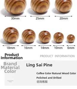 Detailed size chart for natural pine wood beads showing various diameters from 6mm to 30mm