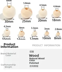 Detailed comparison of 8-30mm natural wood beads showing sizes and hole diameters