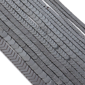 Gunmetal hematite chevron V-beads for DIY jewelry making in various sizes on white background