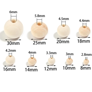 Natural wood beads in 8mm to 30mm sizes with clear diameter and hole specifications