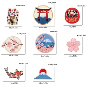 Vue détaillée d'écussons brodés de style japonais avec dimensions précises et divers motifs
