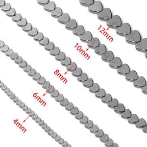 Detailed comparison of five sizes of heart-shaped hematite beads from 4mm to 12mm