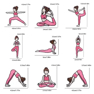 Size chart showing nine cartoon yoga girl embroidery patches with detailed dimensions