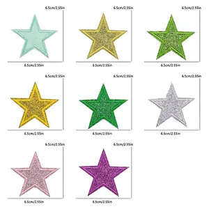 Size chart showing 6.5cm glitter star patches in various colors for clothing decor
