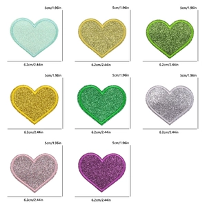 Detailed view of glitter heart embroidery patches in 8 vibrant colors with dimensions