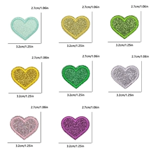 Detailed view of heart-shaped glitter patches with embroidery borders in eight colors