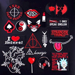 Detailed view of pop culture embroidered patches with high-density stitching textures