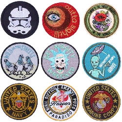 Detailed embroidery view of 9 assorted round punk patches with military and pop icons