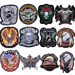 Detailed embroidery texture of 12 biker patches with skull and Route 66 motifs