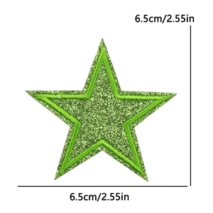 Green glitter star embroidery patch with sequin finish for clothing decor, 6.5cm size