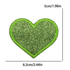 Green glitter heart embroidery patch with sparkling sequins and size markings