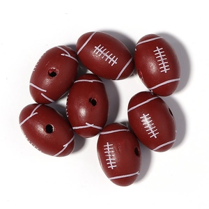 Brown rugby football shaped wooden beads with white stripe details for DIY jewelry making
