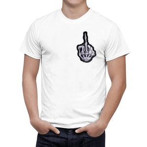 Men's white cotton T-shirt featuring a punk middle finger skeleton hand embroidery patch